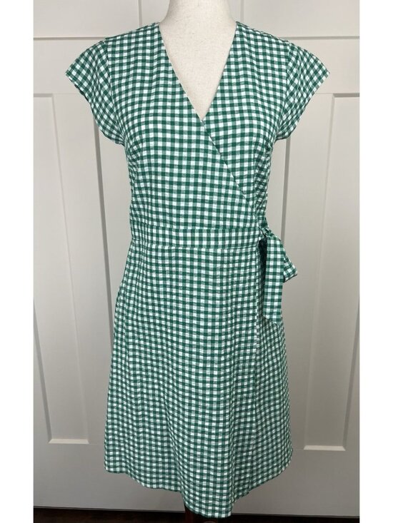 Banana Republic Dresses & Skirts - Banana Republic Gingham Wrap Dress Size 4 Green White Cotton Linen Fit Flare